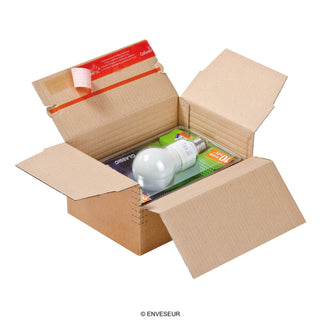 Variable-depth cardboard box with self-sealing closure for shippings